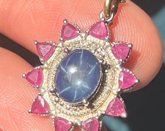 Blue Star Sapphire Pendant w Ruby Halo in Sterling Silver *Video*