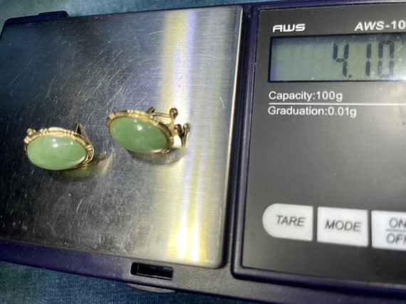 10k Yellow Gold Pale Green Jade OMEGABACK Earrings - image 8