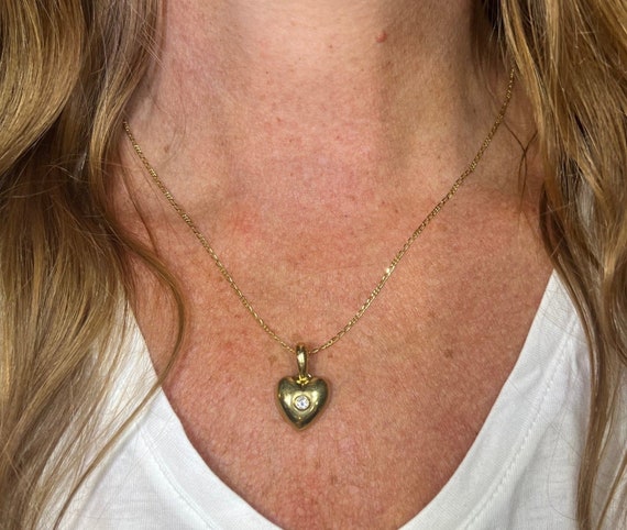 14k Yellow Gold Domed HEART Pendant w Bezel Diamo… - image 2