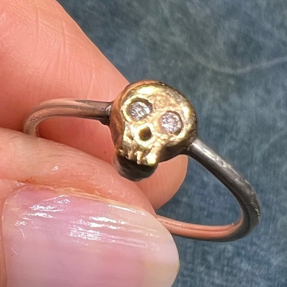 14k Gold Memento Mori Skull Ring W Diamond Eyes on 925 Band TINY