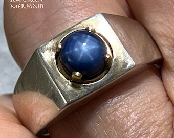 Anillo de sello con zafiro azul estrella natural de oro de 14 k y plata de ley. 7 g *Video*