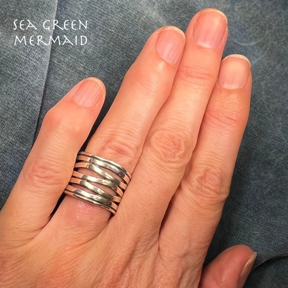Wide Hammered Silver Stacked Multi-Band Cigar Ring - image 1