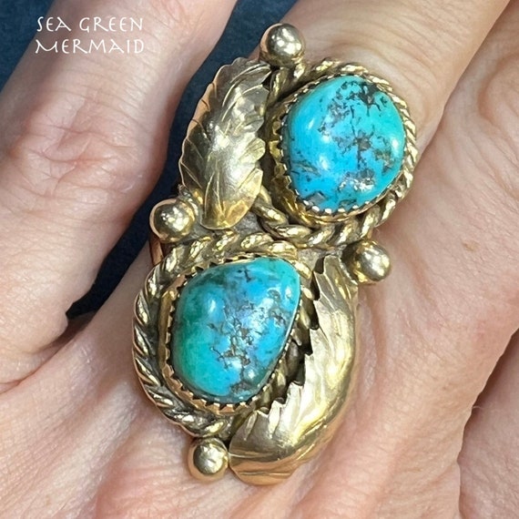 14k Gold Double Turquoise Feather Design Ring. 13g