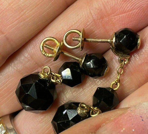 10k Yellow Gold Faceted Onyx Dangly Art Deco Earr… - image 7