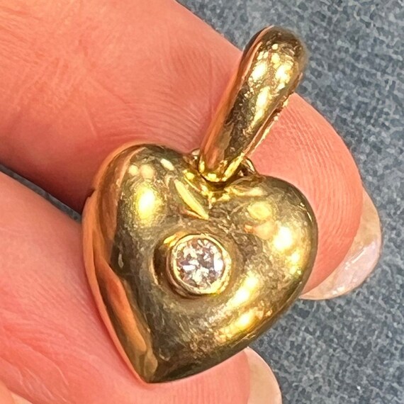 14k Yellow Gold Domed HEART Pendant w Bezel Diamo… - image 6