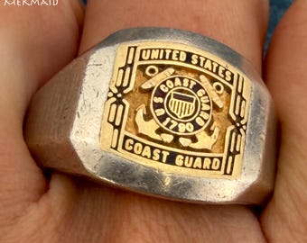14k Yellow Gold US Coast Guard Insignia in 925 Silver Ring. Size 15. 16mm 14.8g