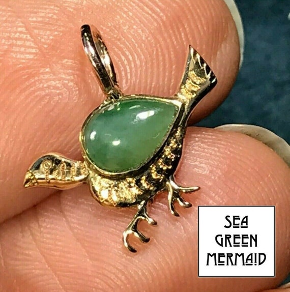 14k Yellow Gold Green Pear Cut Jade TEENY TINY BIR