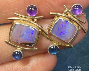 14k Gold + Silver Australian Boulder Opal, Topaz + Amethyst Earrings *Video*