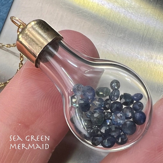 14k Gold Bottle w 35 Tiny Blue Sapphires Pendant … - image 1