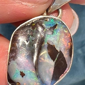 Australian Boulder Opal Pendant in Sterling Silver. 1.5&quot; *Video*