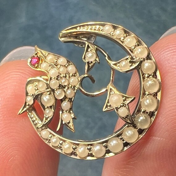 10k White Gold Pearl Crescent Moon + Sparrow Bird… - image 5