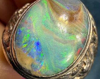 Australian Boulder Opal Silver Dragon Signet Ring. 3/4" + 10g *Video*