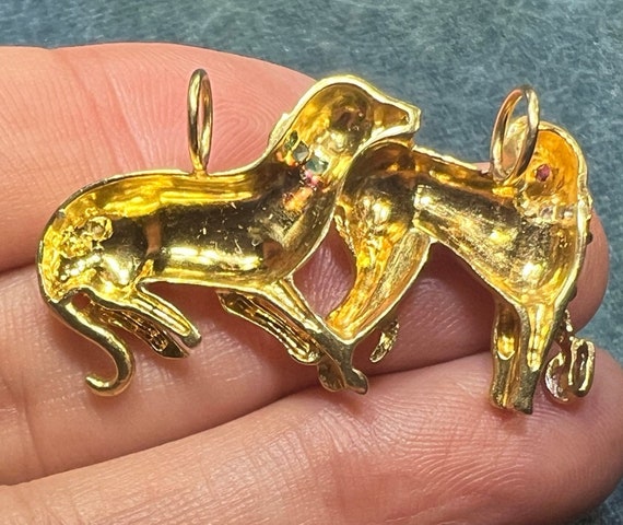 18k Gold 2 Dogs Pendant w Diamonds Emeralds Rubie… - image 2