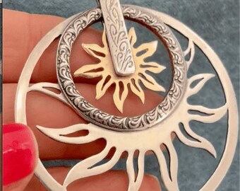 14k Yellow Gold & 925 Sunbursts Circle Pendant. 2" + 12g. Spins *Video*