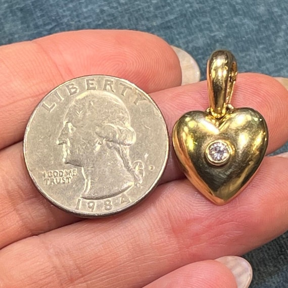 14k Yellow Gold Domed HEART Pendant w Bezel Diamo… - image 8