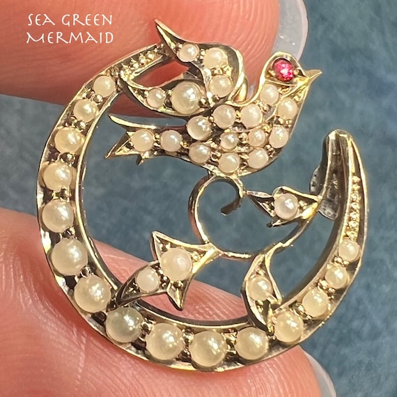 10k White Gold Pearl Crescent Moon + Sparrow Bird… - image 1