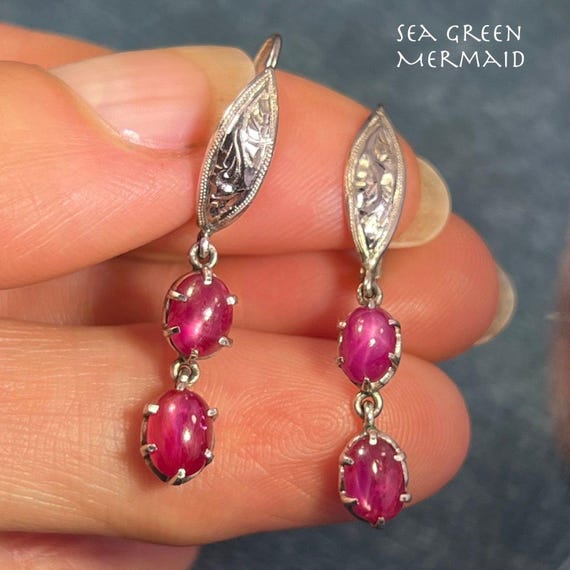 10k WG Gold Lab-Created Star Ruby Leverback Earri… - image 1
