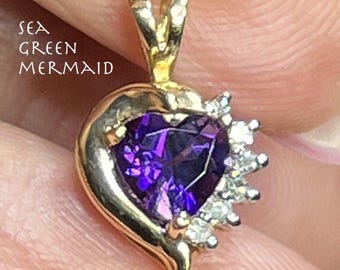 Colgante de corazón de amatista en oro de 14 k con diamantes. Pequeño, 1,27 cm.