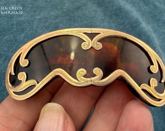Pinza para el cabello antigua de oro amarillo de 10k + imitación de carey. 2,5" + 7,3 g