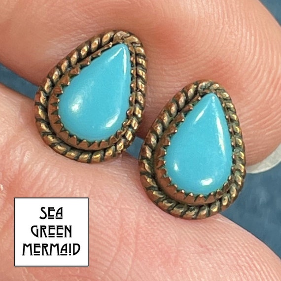 10k Yellow Gold & Copper Turquoise Teardrop Earri… - image 1