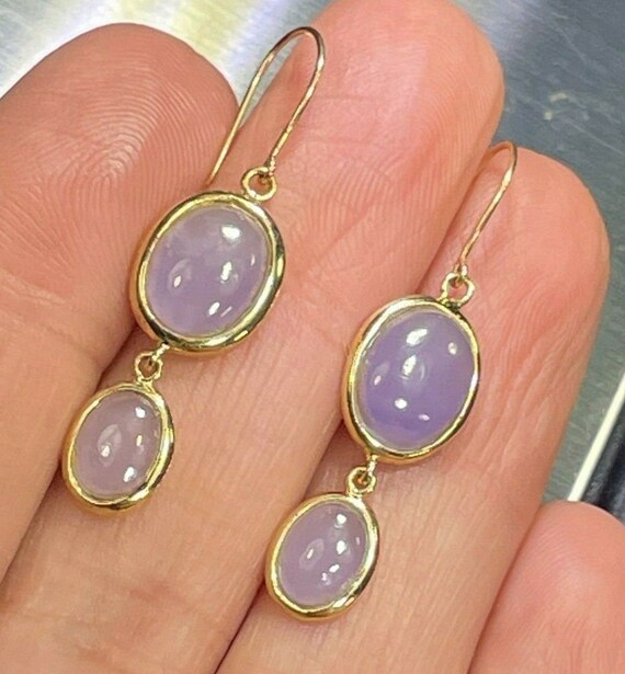 14k ITALIAN YELLOW GOLD Purple Jade Post Dangle Earrings 