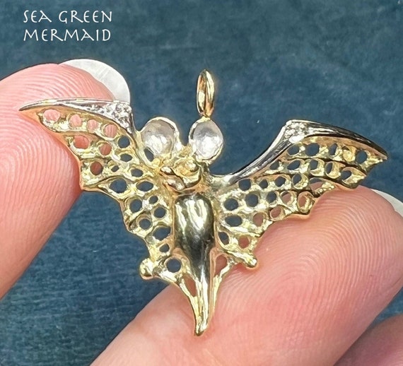 14k White + Yellow Gold Flying Bat Pendant w Diam… - image 1