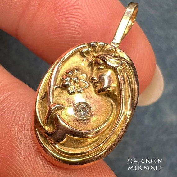 14k Gold Repousse Maiden w Flowers Diamond Pendan… - image 1