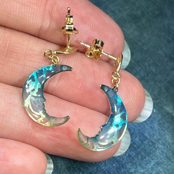14k Gold Crescent Man in the Moon Blue "Stained G… - image 2