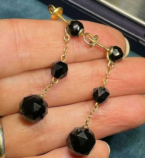 10k Yellow Gold Faceted Onyx Dangly Art Deco Earr… - image 5
