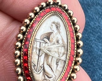14k Gold Mourning Pendant. Sailor's Widow at Grave. Damage