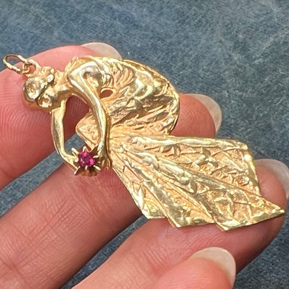 14k Gold Art Nouveau Dryad Goddess Pendant w Ruby… - image 3