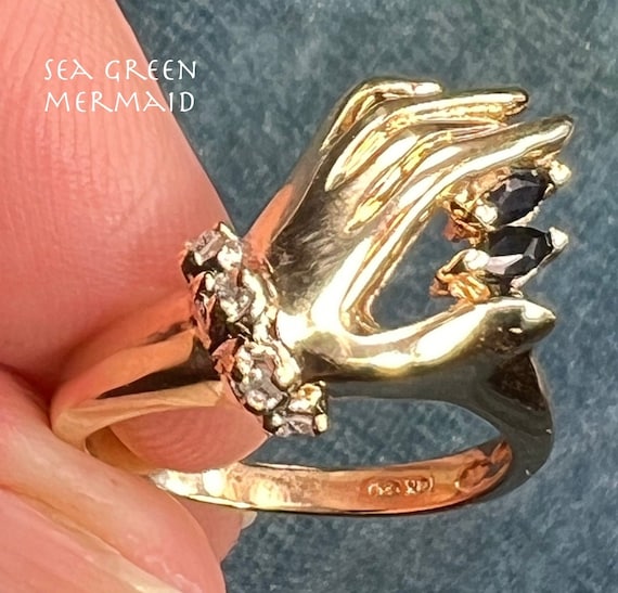 10k Yellow Gold Antique HAND Ring w Blue Sapphire… - image 1