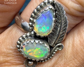 2 Ethiopian Jelly Opals Ring in Silver w Leaf Design. 1" + 4.7g *Video*