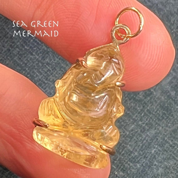 14k Gold Carved Lemon Citrine Ganesha Pendant. El… - image 1