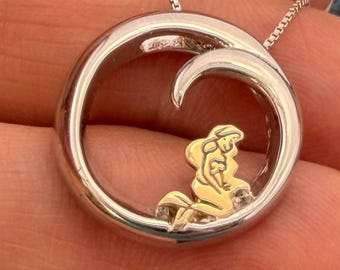 10k Gold Little Mermaid in Silver Ocean Wave Circle Pendant. Free Chain