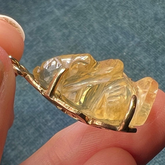 14k Gold Carved Lemon Citrine Ganesha Pendant. El… - image 7