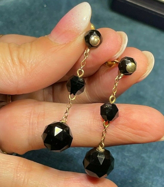 10k Yellow Gold Faceted Onyx Dangly Art Deco Earr… - image 8