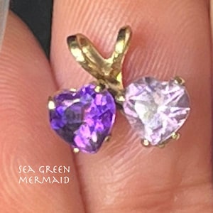 14k Gold 2 Lover&#39;s Hearts Pendant w Amethyst + Quartz. TINY!!!