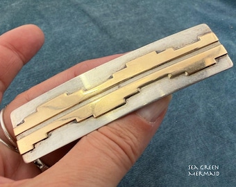 Pinza para el cabello estilo suroeste, oro amarillo de 14k y plata. 7,6 cm (3 pulgadas), 27 g