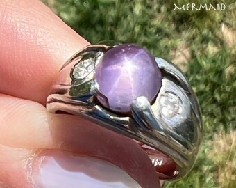 14k White Gold Lavender Star Sapphire Signet Ring w Diamonds *VIDEO*