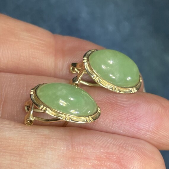 10k Yellow Gold Pale Green Jade OMEGABACK Earrings - image 6