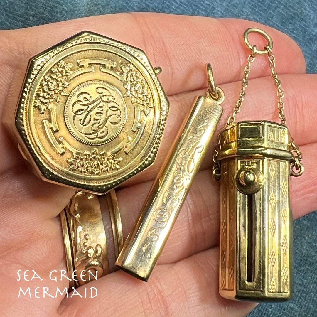 14k Gold Engraved Lipstick Case Pendant. 1 of 3 Pieces of Chatelaine Etsy