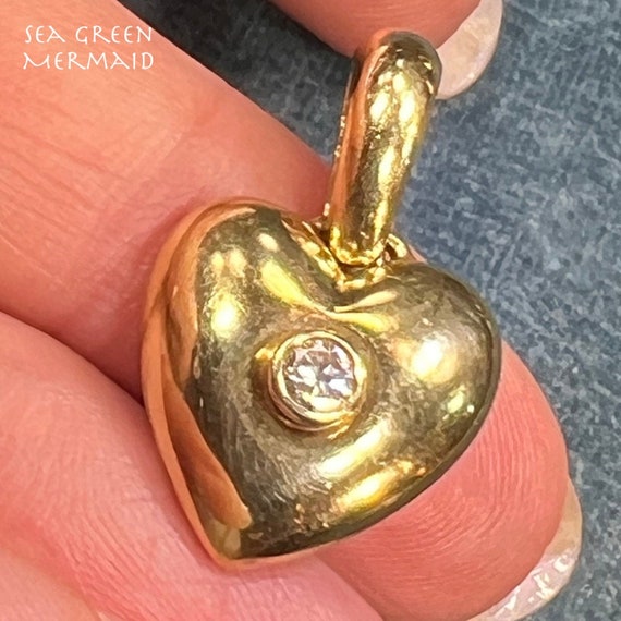 14k Yellow Gold Domed HEART Pendant w Bezel Diamo… - image 1