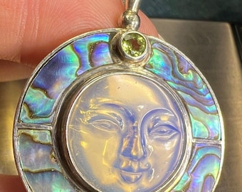 Goddess "Man in Moon" Face SAJEN Pendant w Paua Shell. 1.7"
