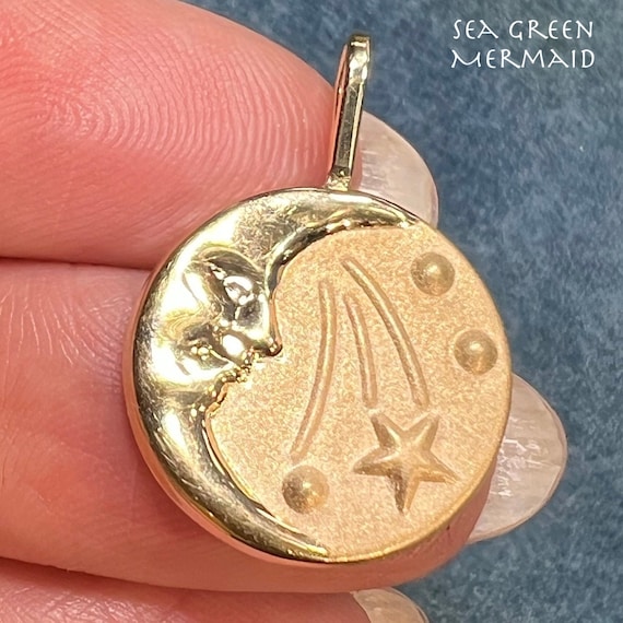 14k Gold Crescent Man-in-the-Moon Shooting Star D… - image 1