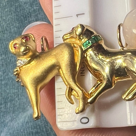 18k Gold 2 Dogs Pendant w Diamonds Emeralds Rubie… - image 9