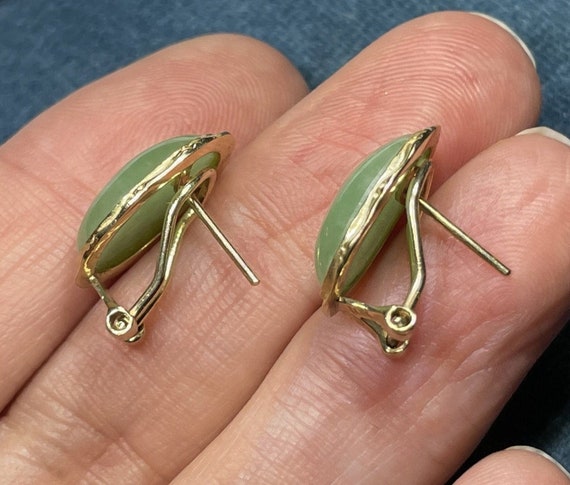 10k Yellow Gold Pale Green Jade OMEGABACK Earrings - image 2