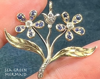 14k Gold Ceylon Blue Sapphire + Diamond Flower Bouquet Pendant