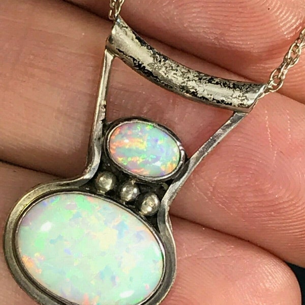 Australian Lab Opal Slide Pendant in Sterling Silver w Chain. "Old Pawn"