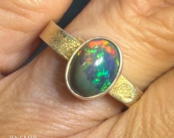 Natural Black Opal Ring in Sterling Silver. Bezel Set *Video*